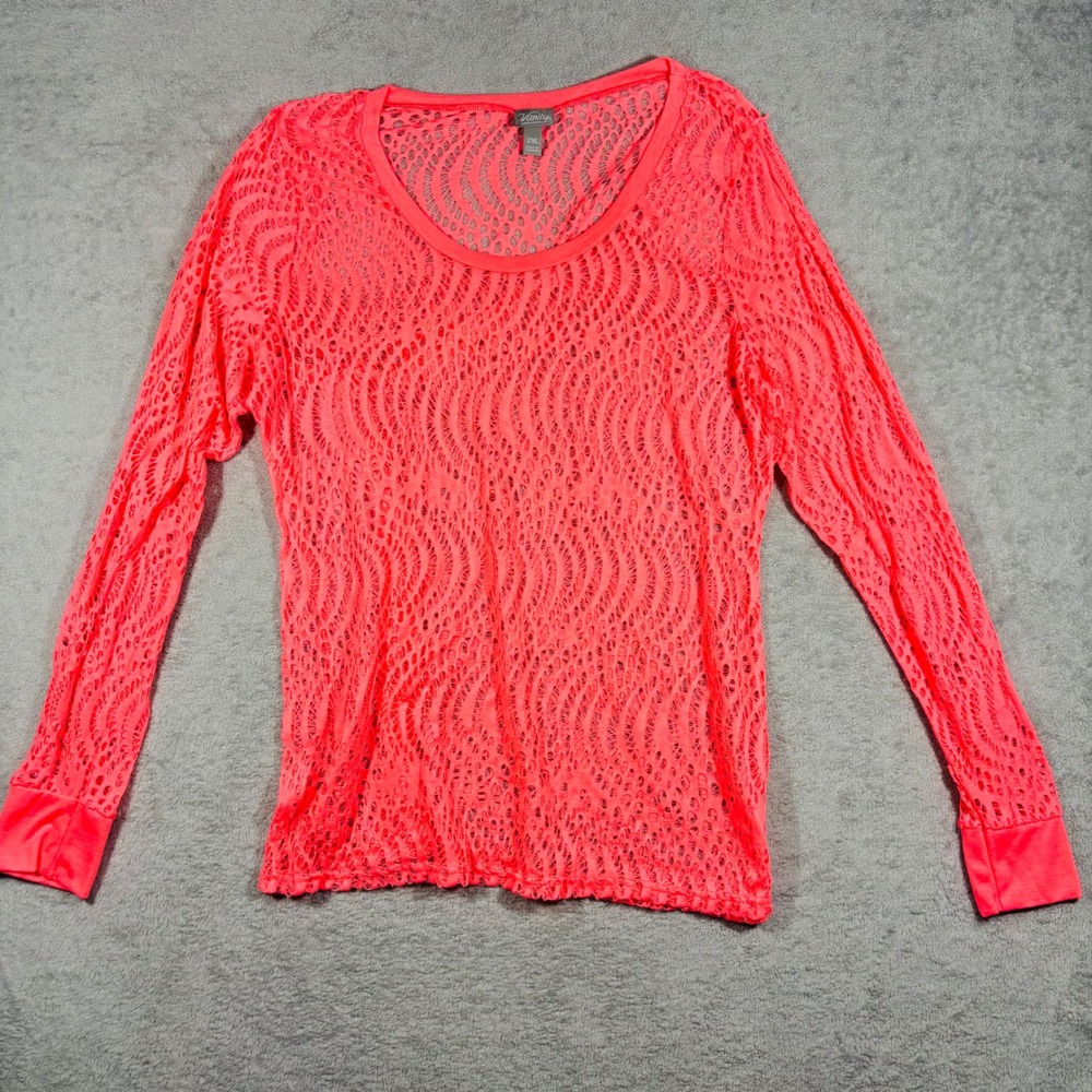 Vanity Essentials Top Women 2XL Pink Neon Crochet Open Knit Long Sleeve Y2K